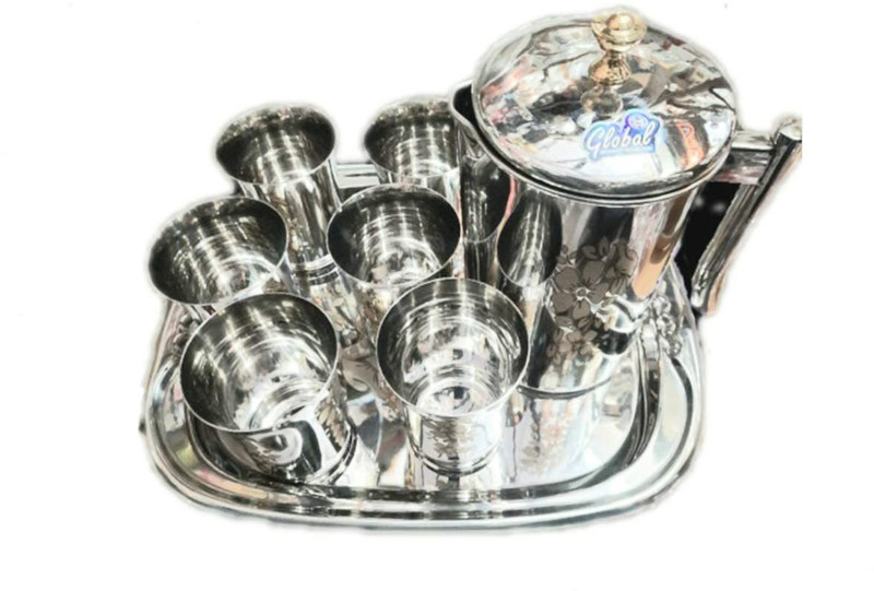 AR Enterprise Jug (2 L) 6 Glasses(350 ML) & Serving Tray/Lemon Set/for Kitchen/Tableware Set Jug Glass Tray Set(Stainless Steel)