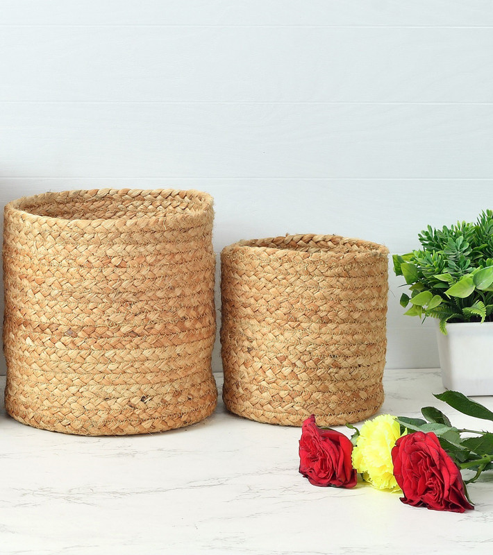 LaVichitra Braided Jute Baskets | Storage Bins Organizer Laundry, Toys & Planter Basket Plant Container Set(Pack of 2, Fabric)