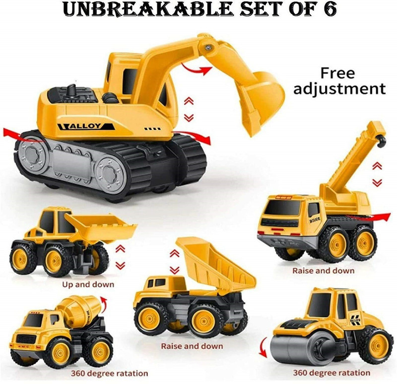 KTRS Unbreakable Engineering Automobile Construction Car Toys Set for Children Kids Crane Excavator Road Roller Forklift Mixer Truck Transporter Truck Machine Construction Toys(Yellow)