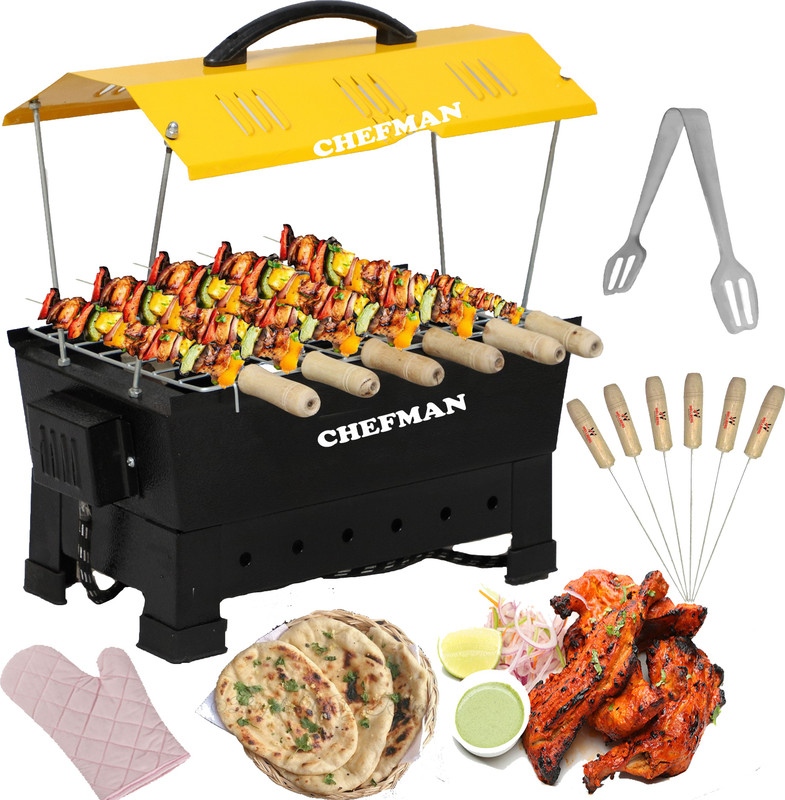 Chefman Electric & Charcoal Barbeque Grill Compact & Elegant Look with Healthy Cooking, 6 Skewers Barbeque with Wooden Handles-YELLOW Hut Shape Electric Grill Electric Grill(Yellow)