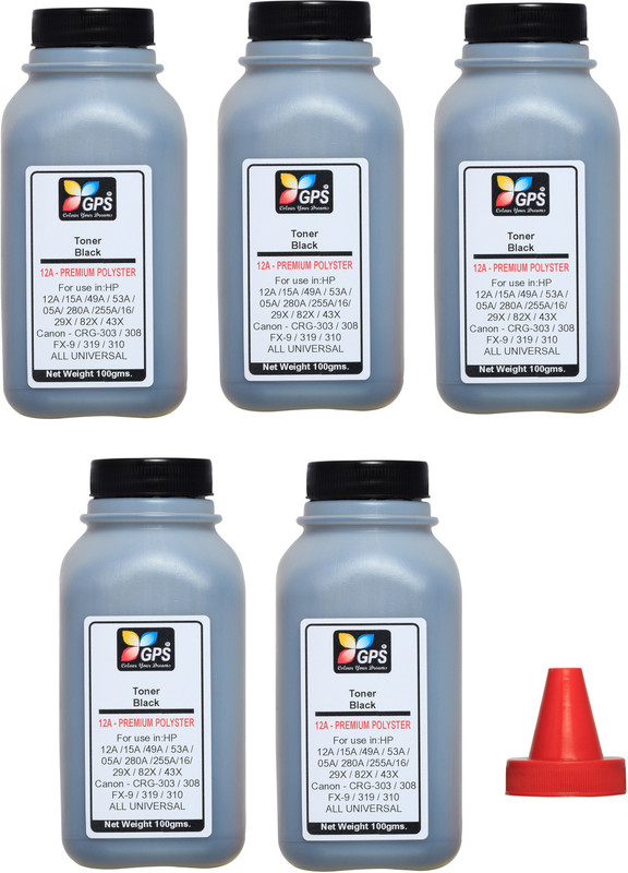 GPS Colour Your Dreams Refill for 12A, Q2612A/Canon 303, fx-9 Cartridge 100gm for Laserjet 1010, 1012, 1020, 1020 Plus, 1022, LBP 2900, Bottel Pack Of 5 With Nozzle 100gm. Each It will come in a sturdy bottle Packing Black Ink Toner Powder