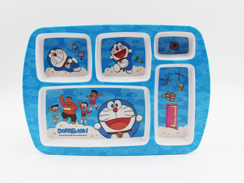 INAYA HOUSE Doraemon Sky Melamine Printed Design Rectangular Kids 5 Partition Plate 13.50 " Sectioned Plate