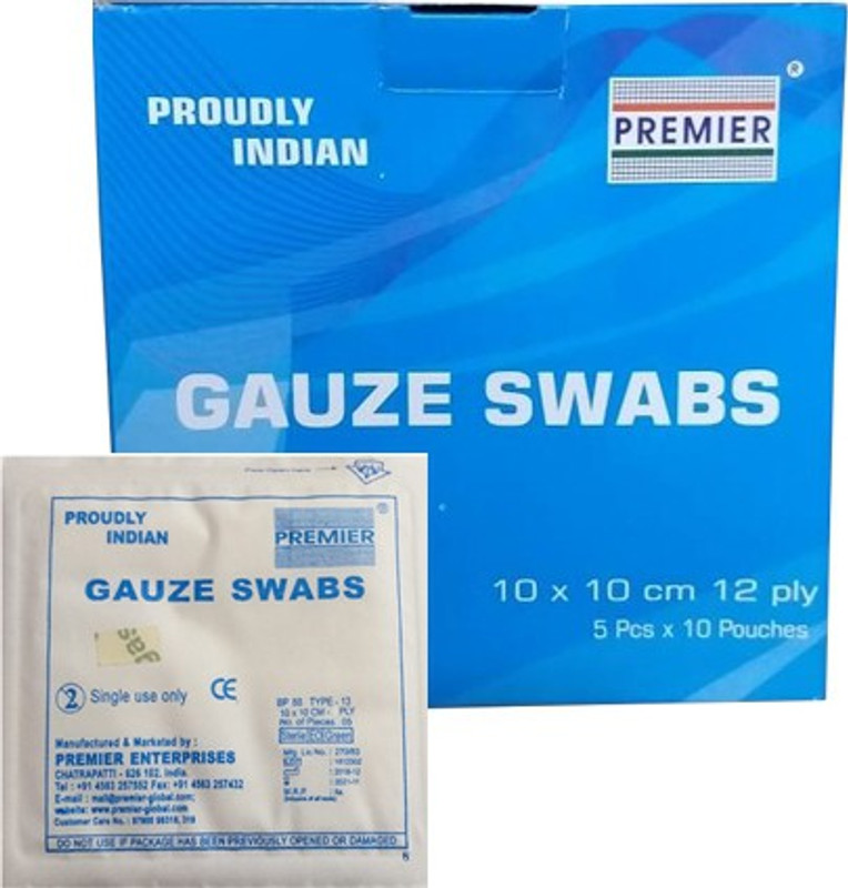 Premier STERILE SWAB 5 cm X 5 cm | 12 Ply | Pack Of 50 counts ( 5 pcs x 10 pouches ) Gauze Medical Dressing(Pack of 10)