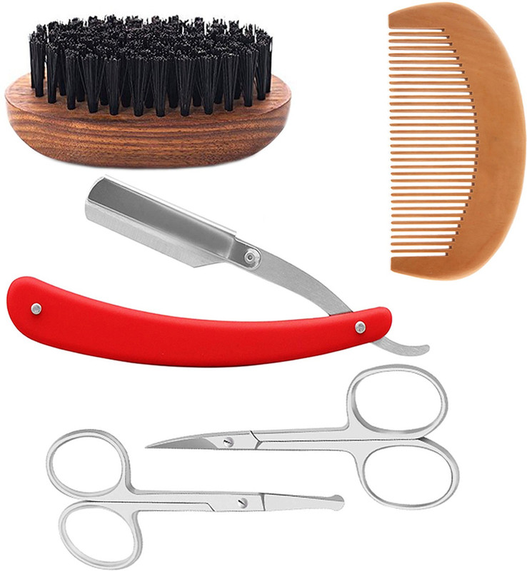MGP FASHION Home And Professional Hair Cutting Thinning Scissors Barber Salon Easy Grip for Men Women All Purpose Personal Care Tools Razor Beard Brush & Shisham Wood Comb for Beard Styling & Beard Care Combo Set Moustache, Beard, Eyebrow, Nose Hair Trimming All Purpose Scissors(4 Items in the set)