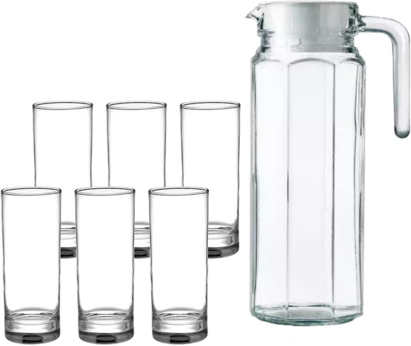 vetreo Round Shape Plain Water GLASS Long Glasses Set & Water jug with Plastic Cap Jug Glass Set(Glass)