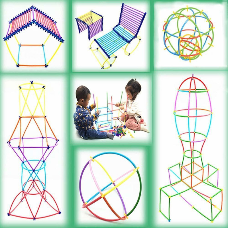 hinik Building Construction Puzzle Children's Puzzle Straw Blocks Pipette Stitching Assembly Straw Build Blocks Creative Toy- Multi Color- Straw kit with 50 Straws, and 50 Straw(Multicolor)