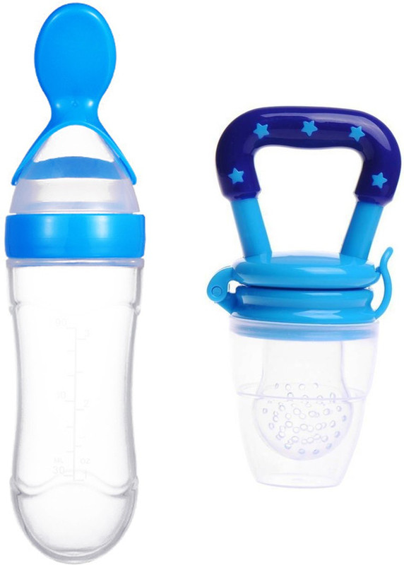 MAXISTORE New born Baby Feeding Bottle Toddler Safe Silicone Squeeze Feeding Spoon Milk Cereal Bottle Baby Training Feeder (100ML)  - Silicon(Blue)
