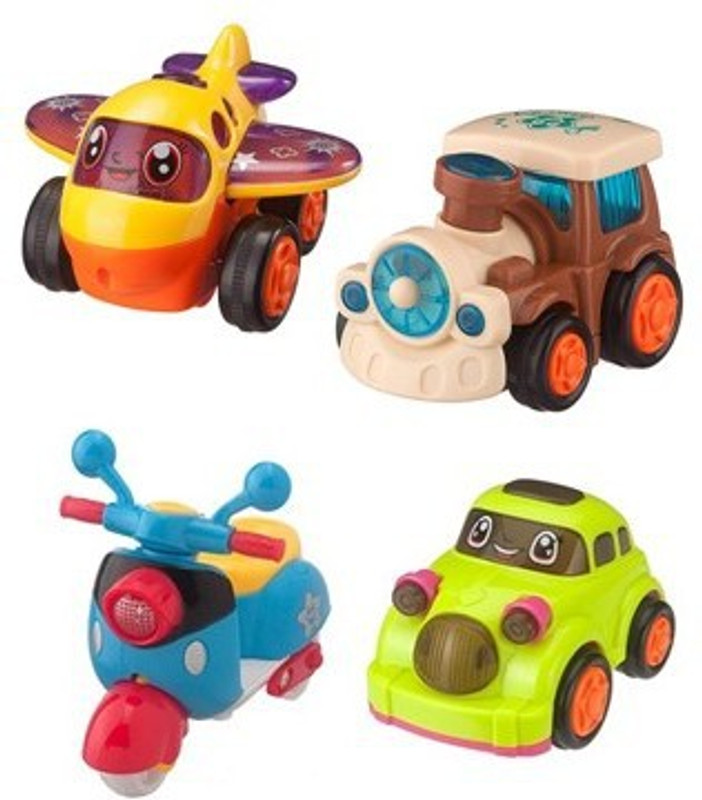 K A Enterprises Set of 4 friction powered push and go toys - cute Car, Scoter, Aeroplane(MULLTICOLOR, Pack of: 4)