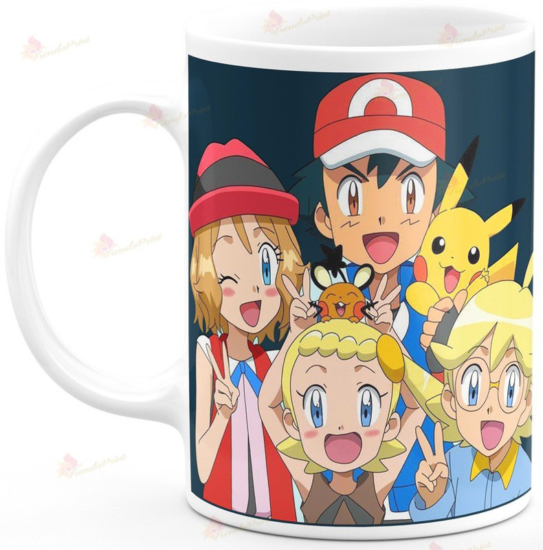 TrendoPrint Ash Serena Clemont Y Bonnie And Pikachu Ideal And Sweet Gift And Return Gift Choice For Kids Friends Brother Sister Mom Dad Bro Sis Cousins Son Daughter Boys And Girls Printed White Tea Ceramic Coffee Mug(350 ml)