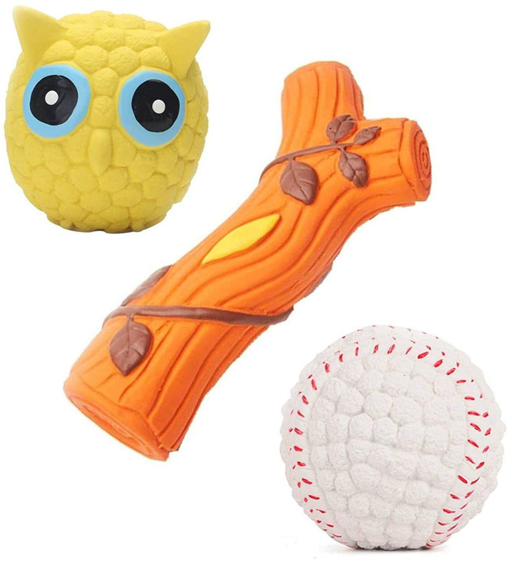 Woofy 3 in 1 Latex Material Dogs and Puppies Squeaky | Large Baseball | Large Branch | Large Owl | Rubber Squeaky Toy For Dog