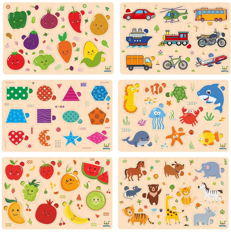 Webby Wooden Educational Colorful Fruits, Vegetables, Sea Animals Public Transport, Shapes, Animals- Set of 6 Puzzle(6 Pieces)