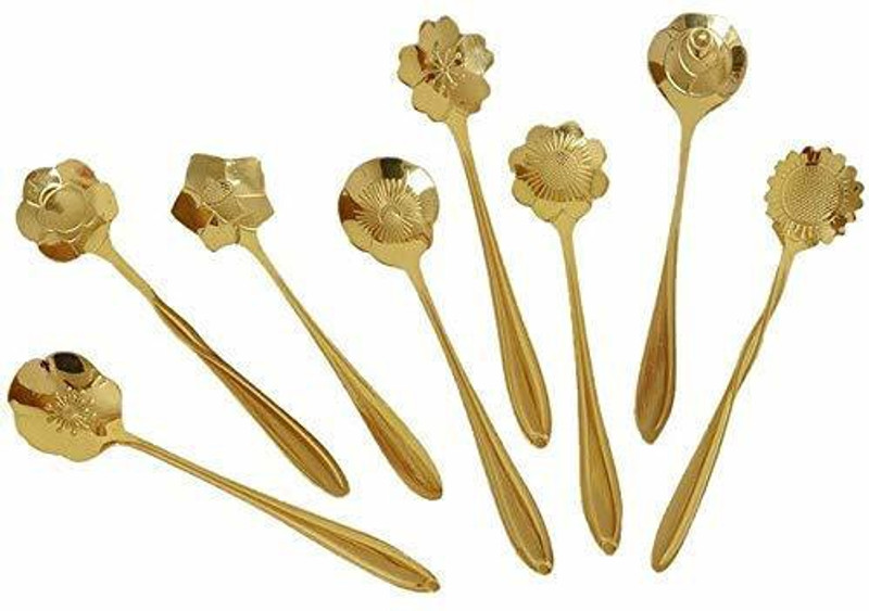 Litvibes Kitchen Dinner Dining Tableware, Cutlery Dessert Spoon, Coffee, Sugar, Mixing, Tea, Stirring,Cake and Ice Cream Spoon,Stir bar Gold Flower Stainless Steel Spoon Stainless Steel Table Spoon Set(Pack of 8)