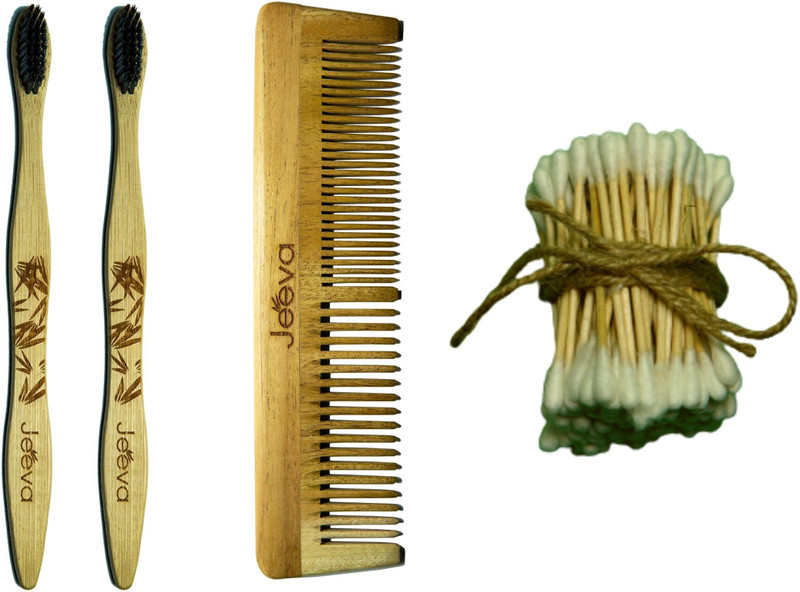 Jeeva Bamboo Eco-friendly Combo - 2 Bamboo brush, 2 Neem comb, 2 Earbuds pack(6 Items in the set)