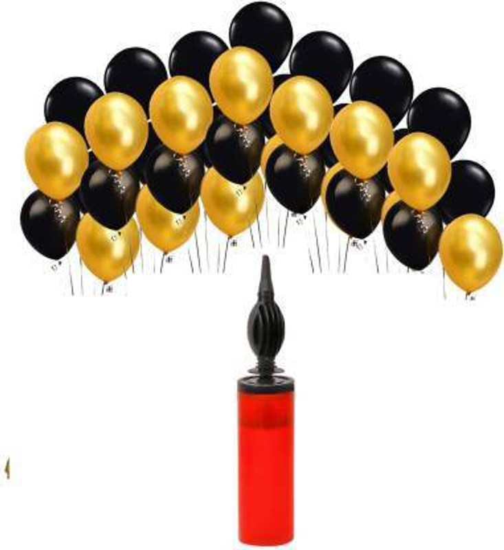 KR Solid 50 Metallic Balloons(Black,Gold) with 1 Handy Air Balloon Pump Balloon(Black, Gold, Pack of 51)