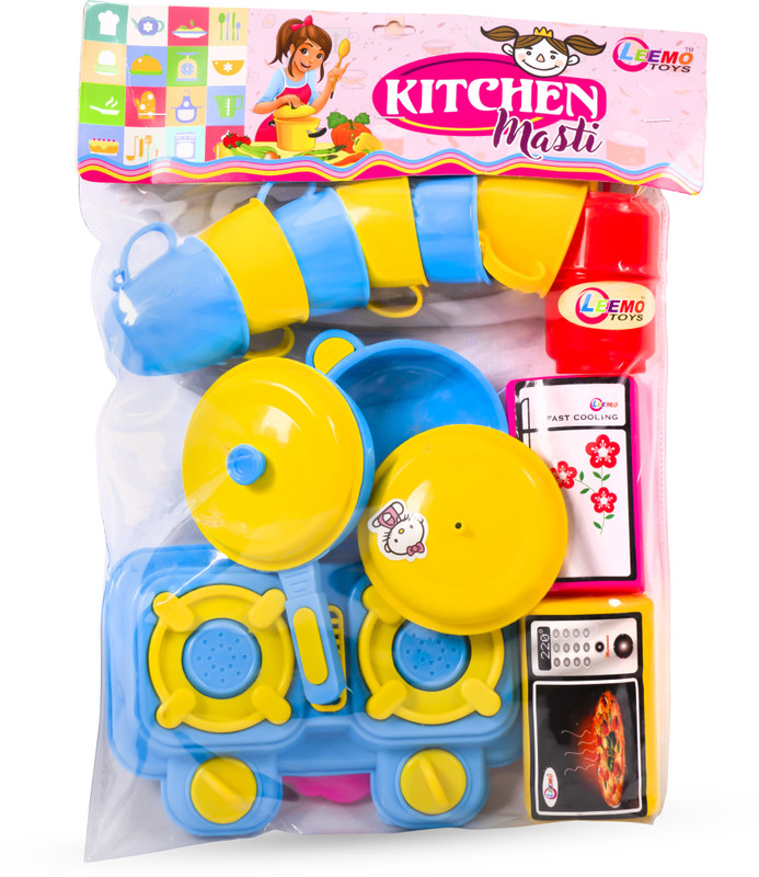Quasar (blue)fridge,owen,gas cylinder Cooking Toys for Girls Cookware Pretend Play Kitchen Set Toy with Accessories for Kids and Girls 16 pcs-Malticolor (Cooking masti)