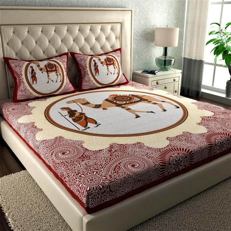LA VERNE Cotton Double Flat 144 TC Jaipuri Prints 1 Bedsheet with 2 Pillow Covers(Maroon)
