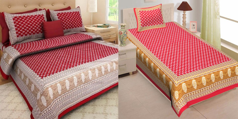 Ubania Collection Cotton Single, Double Flat 151 TC Paisley 2 Bedsheets with 4 Pillow Covers(Red)
