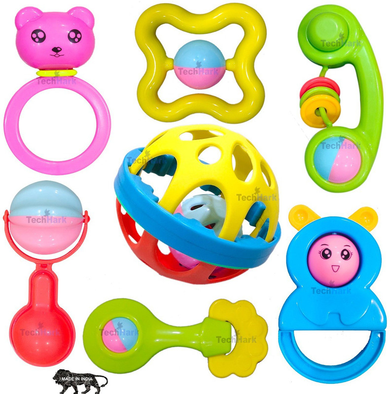hinik Rattles and Teether for Babies, Pack of 8 Pcs - Colourful Lovely Attractive Rattles and Teether for Babies, Toddlers & Children,Plastic,Multi color Rattle(Multicolor)