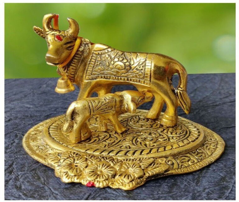 PHONATION Metal Golden Kamdhenu Cow With Calf Statue,Cow and Calf Idol,Good Luck Mountable Cowbell(Brass)