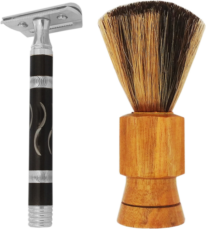 MGP FASHION Personal Care Product Barber Salon Stainless Steel Smooth Safety Razor Beard Shaver Cut-Free , Sheesham Wooden Handle Long and Natural Soft Bristle Shaving Brush, 2 Blade Men's Grooming Tools(4 Items in the set)