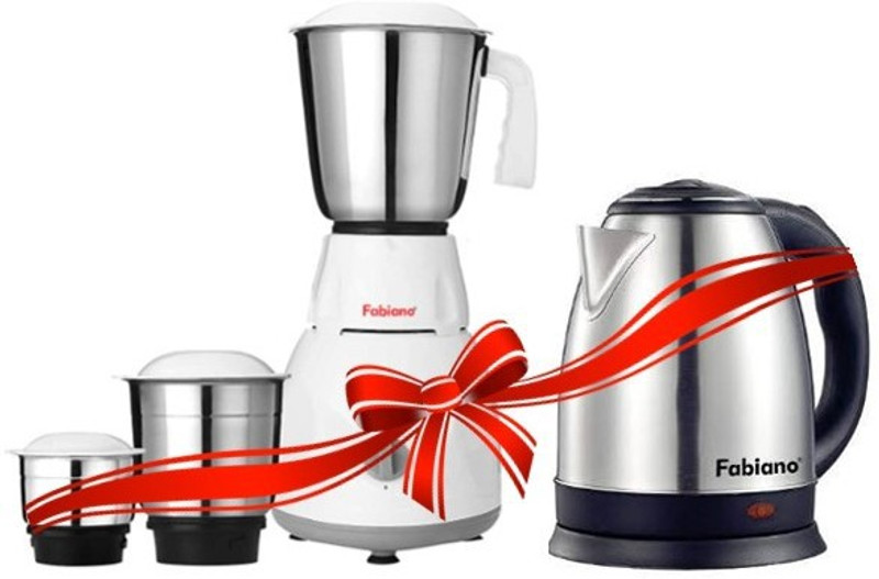 Fabiano 500W Mixer Grinder (White & Grey, 3 Jars) & 1.8L Electric Kettle (Silver)(FAB-MG-03-E18 | 3 Jars | White, Grey)