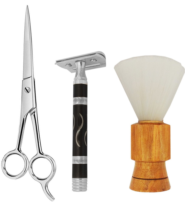 MGP FASHION Home Professional Hair Grooming Cutting Parlour Barber Salon Easy Grip for Men Moustache, Beard Trimming All Purpose Scissors,Stainless Steel Smooth Safety Razor Beard Shaver Cut-Free , Sheesham Wooden Handle Long and Natural Soft Bristle Shaving Brush Men's Grooming Tools(3 Items in the