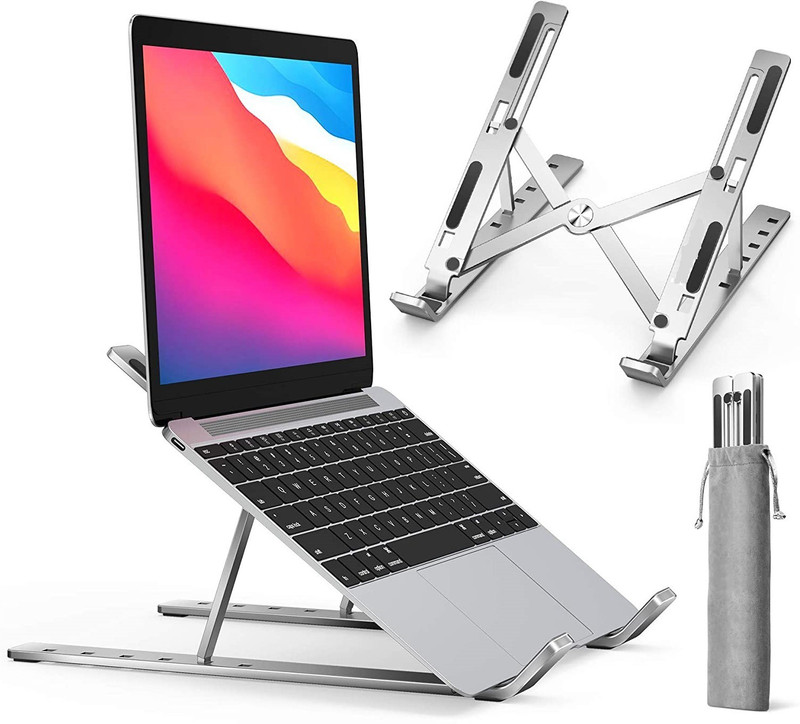 fabmania Adjustable Aluminum Portable Laptop Rack Stand for Upto 17" laptops, Tablets, Mobiles, Books with Pouch (Silver) Aluminium Floor and Desk Stand Laptop Stand with Adjustable Height Compatible with Universal Laptops(Silver)