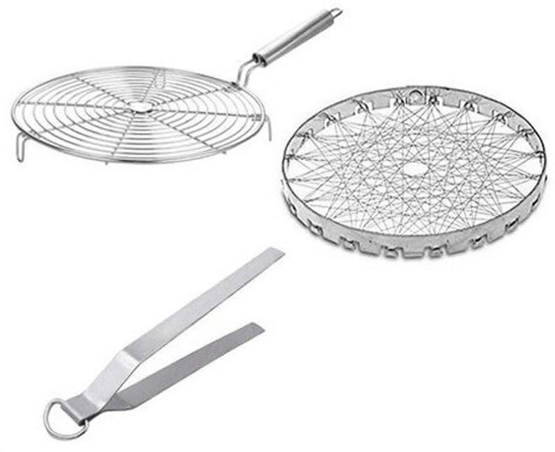 D-players Net with Steel Tong, Stainless Steel Wire Roaster and Tandoor, Papad Jali,Roti Grill,Chapati Grill Round Roaster Roasting Net with Steel Tong, Kitchen Tool Set(Silver, Roaster, Tong)