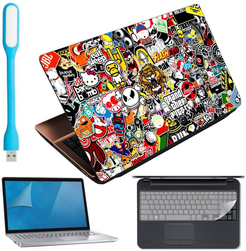 Anweshas 4in1 Combo of Premium Quality Tiger Sticker Bomb Laptop Skin with Usb Led Light, Key Guard and Screen Guard for 15.6 inches Laptop Combo Set(Multicolor)