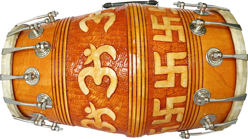 RAM musical Om Nakkashi on wood with Double nut fitting Nut & Bolts Dholak(Yellow)