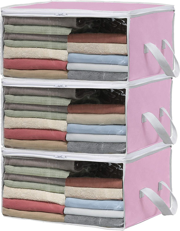 wini krafts 3 3 Pack Foldable Closet Organizer Clothing Storage Box with Clear Window, Pink 07(Pink)
