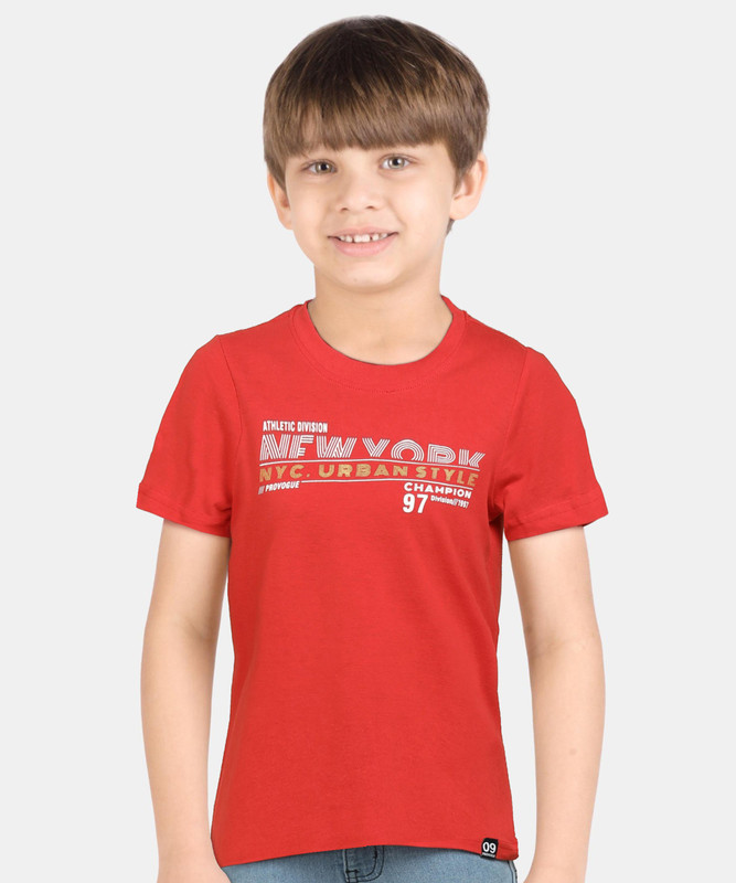PROVOGUE Boys Typography Pure Cotton Regular T Shirt(Red, Pack of 1)