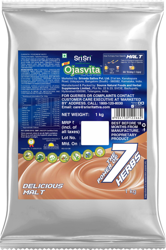 Sri Sri Tattva Malt Ojasvita | 7 Herbs Milk Mix | Mind & Body | Refill Pack(1000 g)