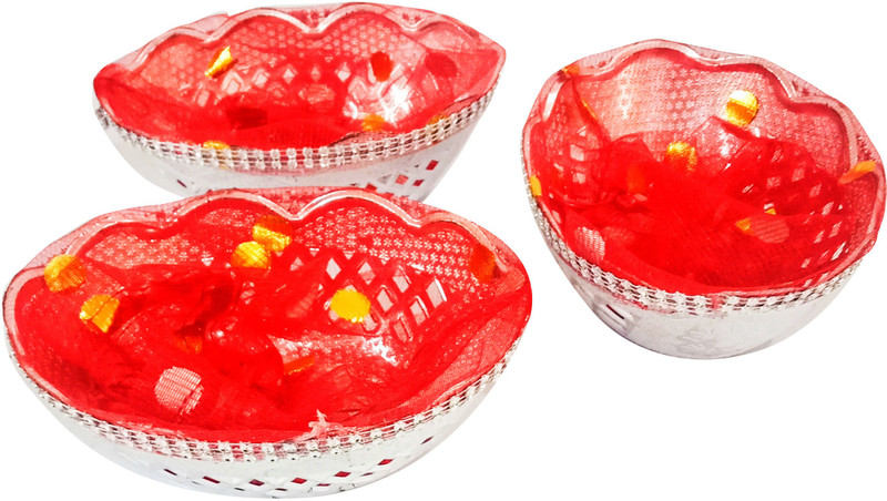 POOJA GHAR Handmade Decorated Gift Packaging Basket with Readymade Net Packing, Pack of 3 Plastic Fruit & Vegetable Basket(Silver, Red)