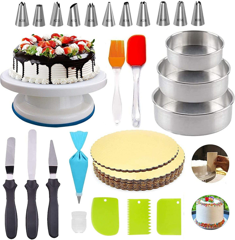 RAJJA 12 Piece Cake Decorating Set Frosting Icing Piping Bag Tips with Steel Nozzles Reusable & Washable Silicone Spatula and Pastry Brush Set Special for Cake Mixer, Cooking, Baking, Glazing - Set of 1 3 Pcs Set Round Shape Cake Moulds Teflon Non Stick Baking Can be Used in Microwave Oven (Black) K