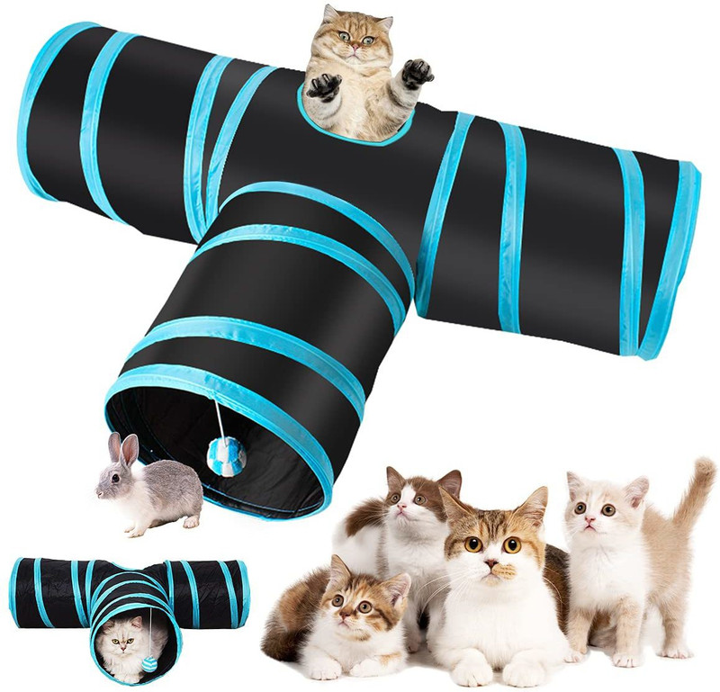 Woofy Cat Tunnel Kitten Dog Rabbits Cat Interactive Toy Play Toy Foldable Pet Cat Toy with Ball Tunnel (3 Way, Dark Blue) Cotton Perch For Cat
