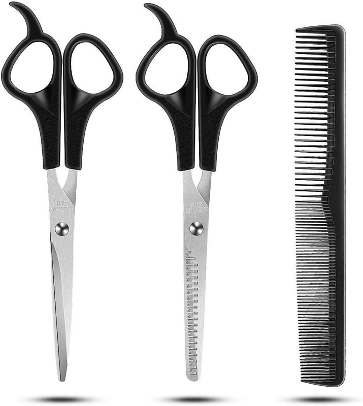 AVEU Hair Cutting Scissors Set, 3 Pcs Stainless Steel Hair Cutting Shears Kit, Professional Barber Salon Home Shears Kit For Men Women Pet Scissors(Set of 3, Black)