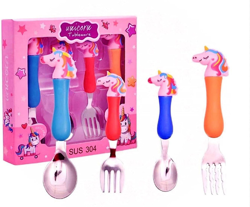 SARASI Presents Dashing Unicorn Shape Spoon and Fork Set for Kids| Small Size to Hold and Learn to Eat | Stainless Steel Cutlery Set of 4 (Multicolor) Stainless Steel Cutlery Set(Pack of 4)