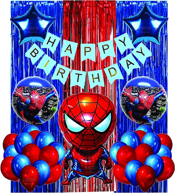 Fun and Flex Spider man Theme Happy Birthday Blue Banner 2 Blue Stars Spiderman 5 pcs Set 2 Blue 1 Red Curtains 15 Blue 15 Red Balloons for Birthday Party, Baby Shower, Happy Birthday Theme Party for Kids Decorations(Set of 51)
