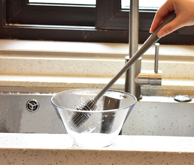 KitchenFest Glassware Cleaning TPR made Flexible Bristles Brush Long Handle Silicone Bottle Cleaner Brush(Grey)