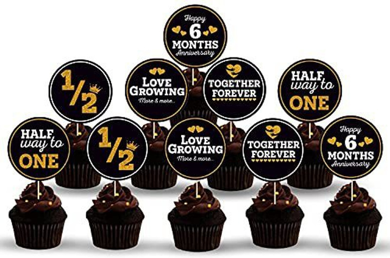 ZYOZI 10 pcs Gold Happy 6 Month Anniversary Cupcake Toppers Anniversary or Birthday Cupcake Picks Party Decoration Supplies (Black and Gold) Cupcake Topper(GOLD, BLACK Pack of 10)