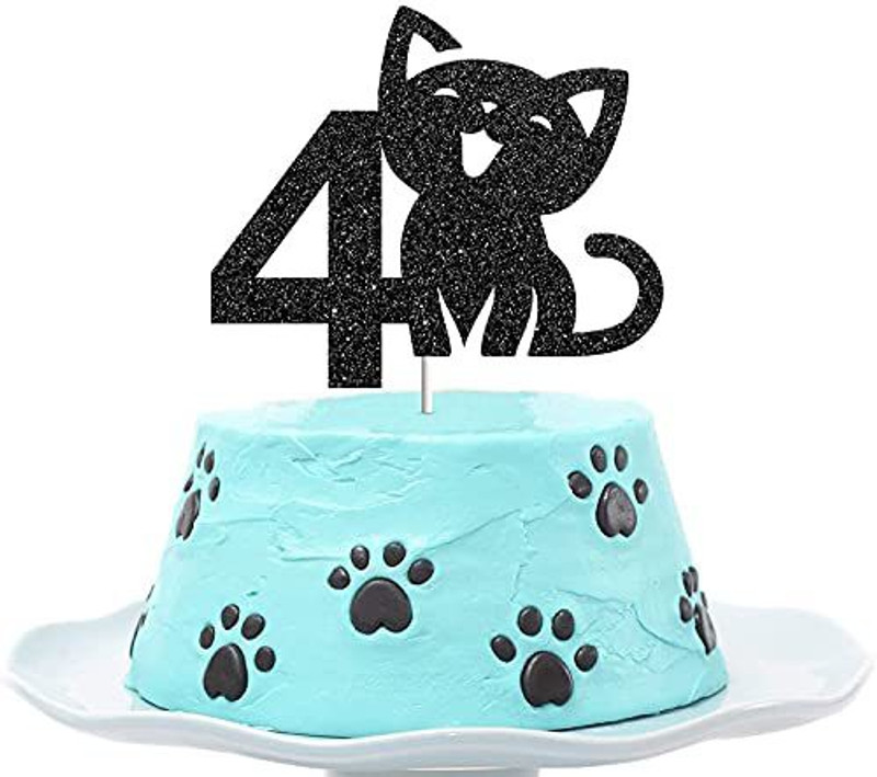 ZYOZI Cat Four Cake Topper, Happy 4th Birthday Cake Decor Cake Topper(BLACK Pack of 1)