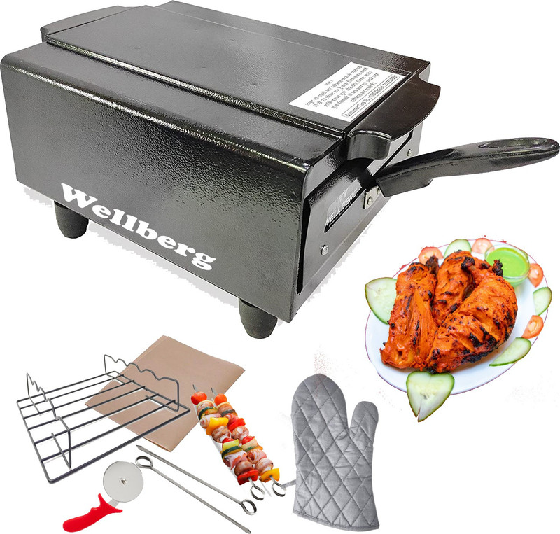WELLBERG Electric Tandoor & Grill Barbeque For Naan & Roti Medium Size Electric Tandoor with 4 skewers, 1 Grill, 1 Magic Cloth, 1 GLove 4 Rubber Legs, 1 Handle, 1 Recipe Book, 1 Pizza Cutter Electric Tandoor(Black)