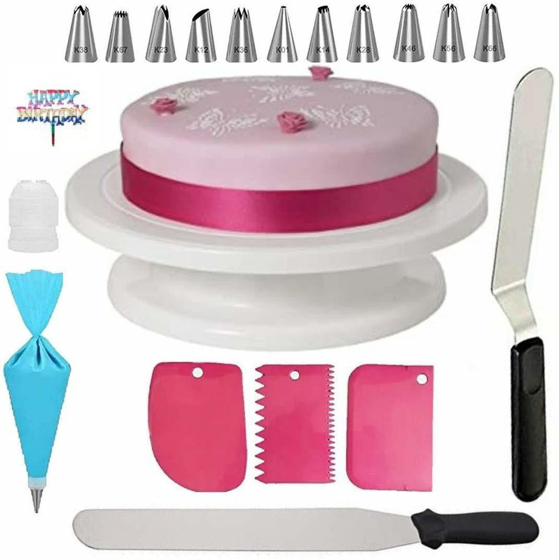 SHREE SADGURU CREATION Cake Combo of Cake Making Turn Table 7 inch Stainless Steel Spatula, 12 Piece of Cake Decoration nozzles with Icing Bag and 3 Pieces of Dough Scrapper,1 birtgday tag Kitchen Tool Set(Multicolor, Baking Tools)
