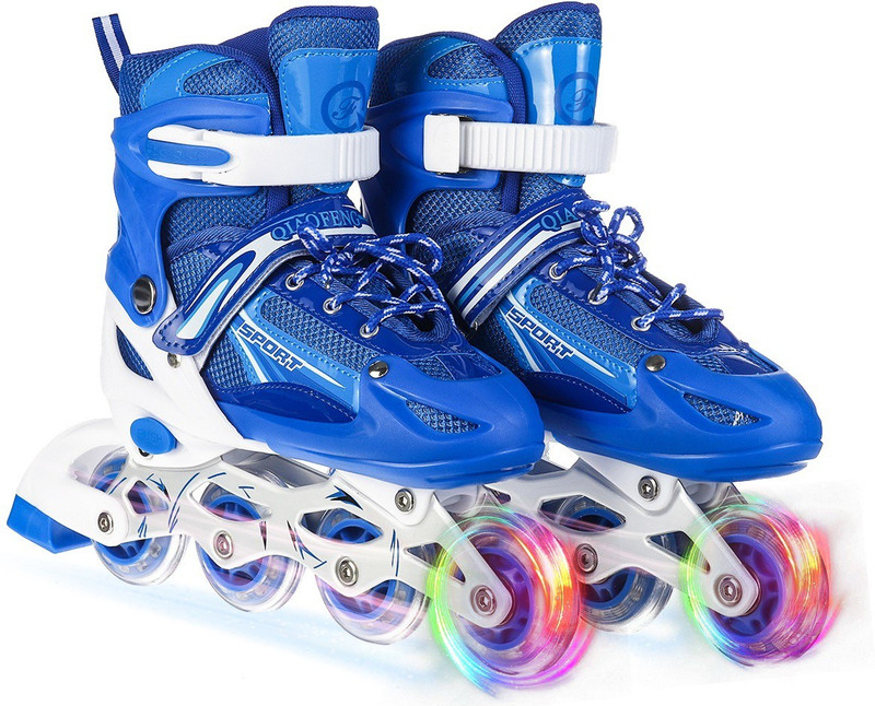 Authfort Adjustable All Pure PU Wheels it has Aluminum In-line Skates In-line Kids Size  3 UK - 6 UK(Adjustable, Training, Beginner, Blue, White, Black)