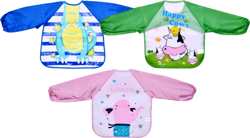The Little Lookers SleeveSleeved Washable Waterproof Bib/Apron with Pocket & Tying Robe| Cute Prints| Quick Dry PVC Bibs for Newborns/Infants/Toddlers (Sleeved Bibs, Pack of 3)(Multicolor)