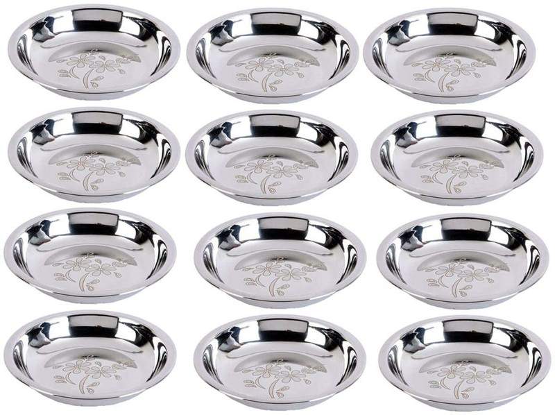 AR Enterprise Stainless Steel Heavy Gauge Lazer Design Dessert Bowl ( Silver , Set of 12 ) Rice Plates(Pack of 12, Microwave Safe)