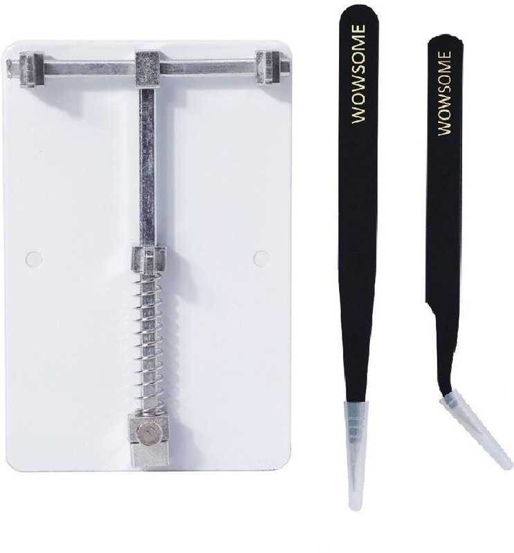 WOWSOME Mobile Phone Board Repair Fixture PCB Holder Work Fixed Support Clamp or PCB Board Repair Holder with Black Coated Pointed and Curved Tips Tweezers (Stand with 2 Tweezers) Electronic Components Electronic Hobby Kit