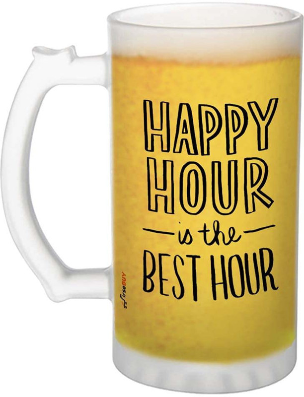FirseBUY Happy Hour is The Best Hour Funny Printed Frosted Glass Large Beer Mug 470 ML Glass Beer Mug(475 ml, Glass, Multicolor)