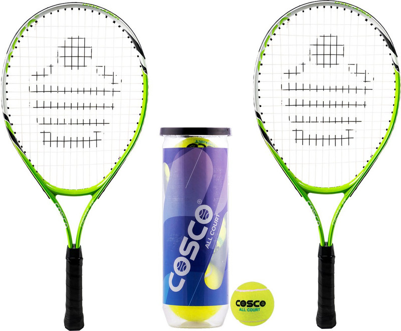 COSCO Drive-23 Tennis Racket (Color & Design on Availability) Tennis Ball 1 Pair Band Green Strung Tennis Racquet(Pack of: 1, 245 g)